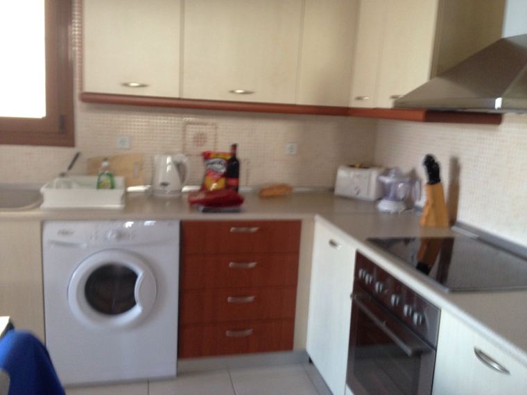 The kitchen worktop, with oven and washing machine
